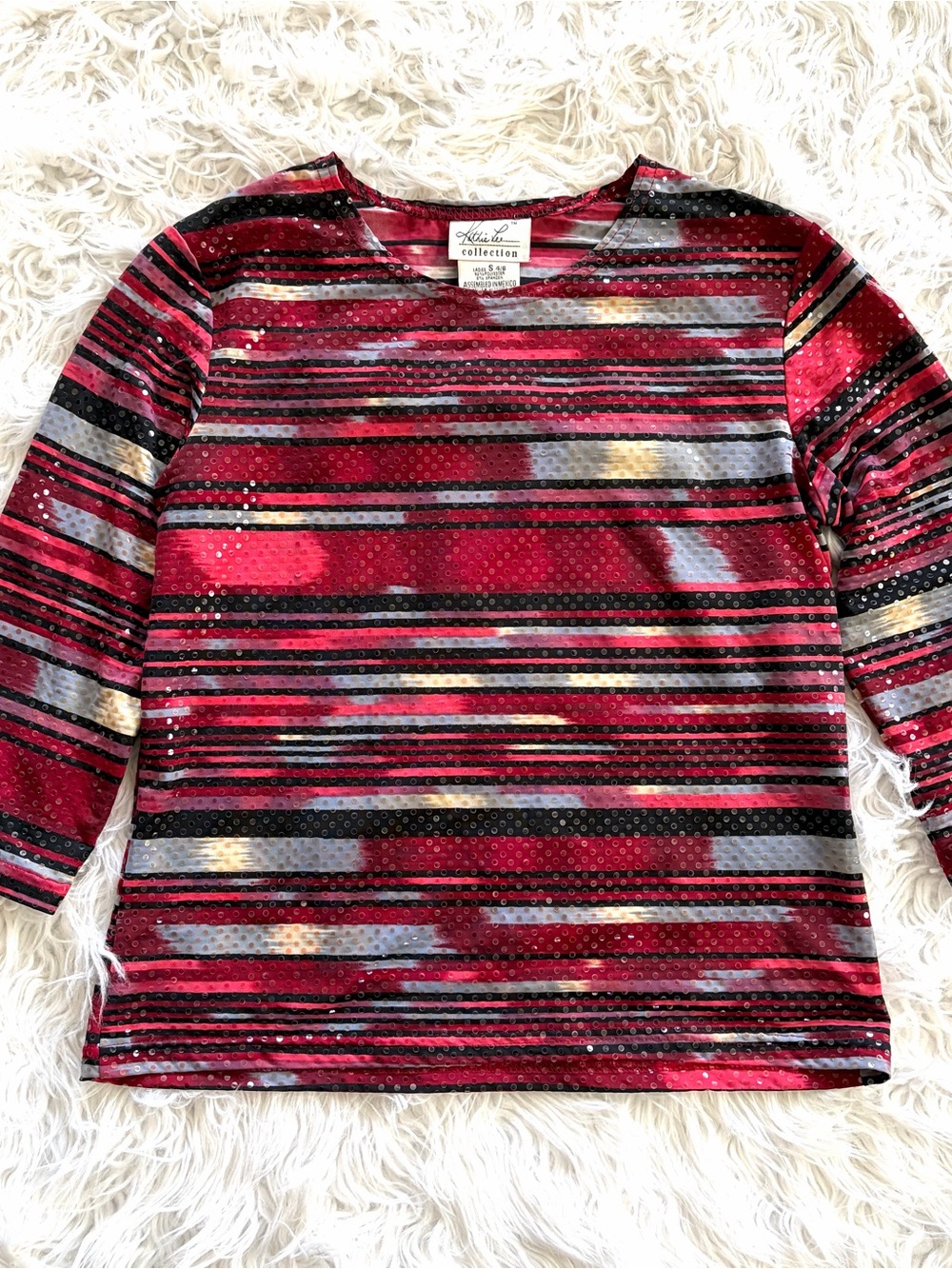 Vintage Kathie Lee Collection Sequin Striped Top Red Black Gray 3/4 Sleeve S